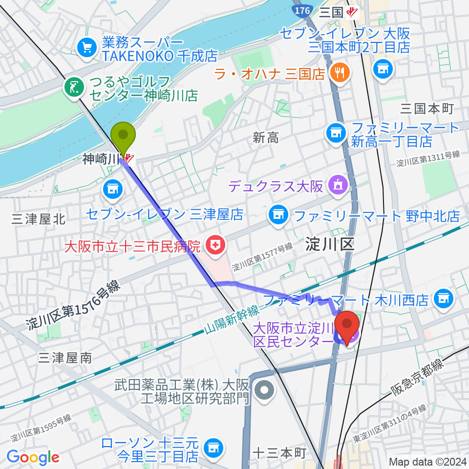 神崎川駅から大阪市立淀川区民センターへのルートマップ地図