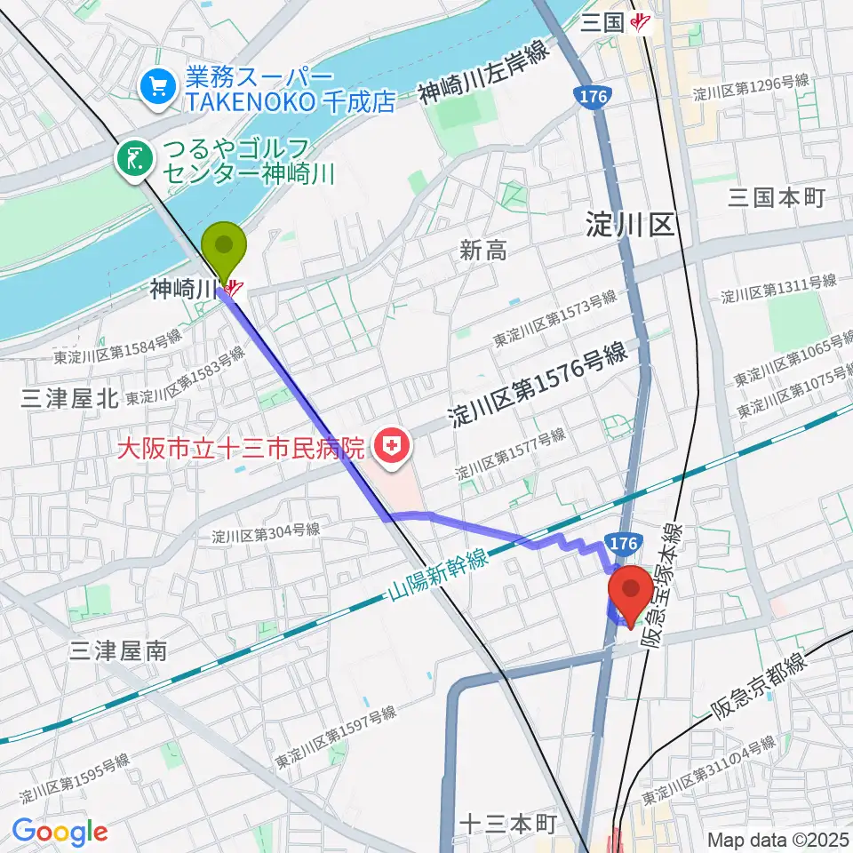 神崎川駅から大阪市立淀川区民センターへのルートマップ地図