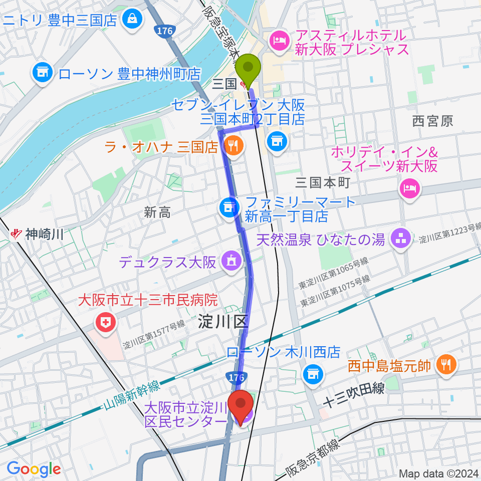 三国駅から大阪市立淀川区民センターへのルートマップ地図