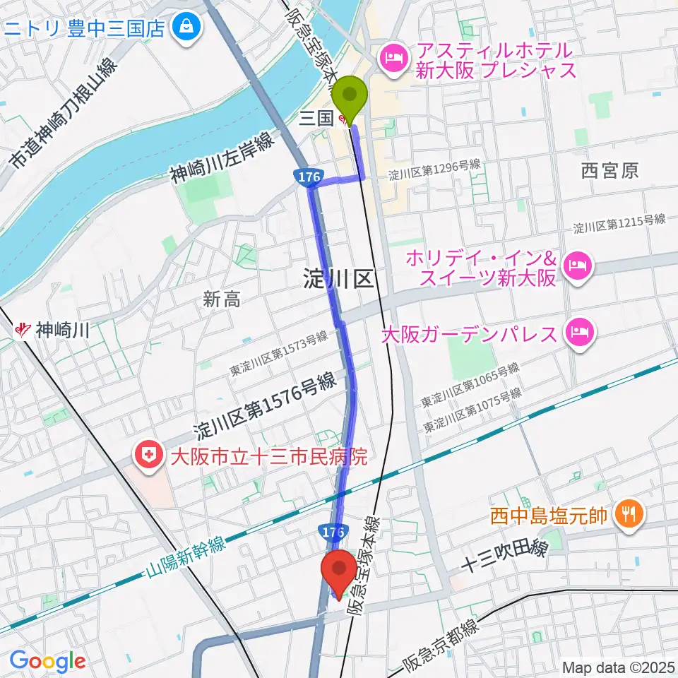 三国駅から大阪市立淀川区民センターへのルートマップ地図