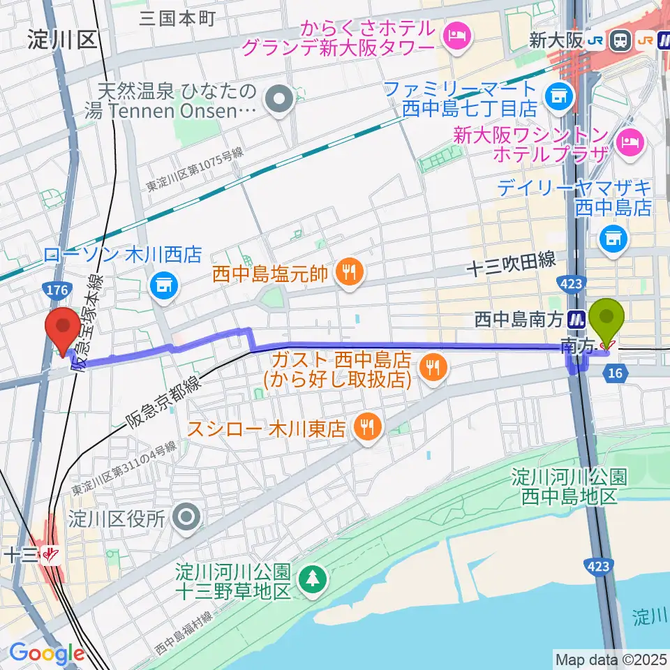 南方駅から大阪市立淀川区民センターへのルートマップ地図