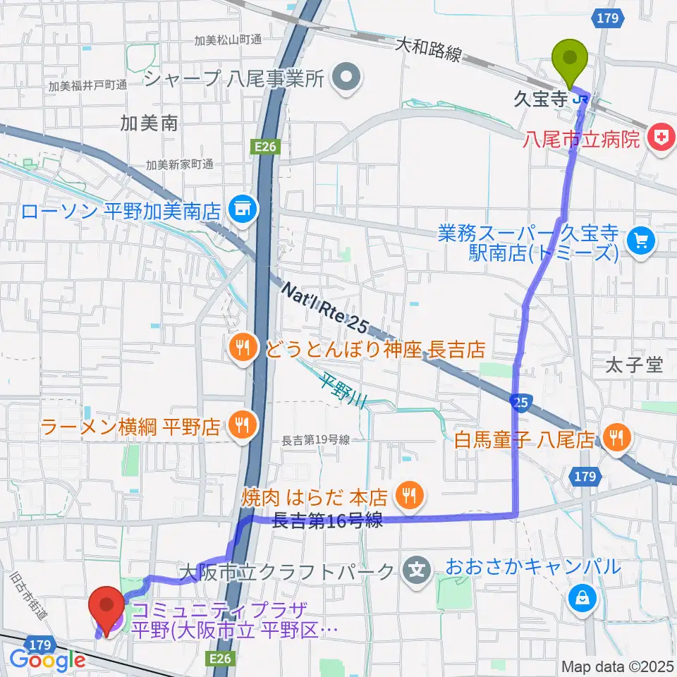 久宝寺駅からコミュニティプラザ平野へのルートマップ地図
