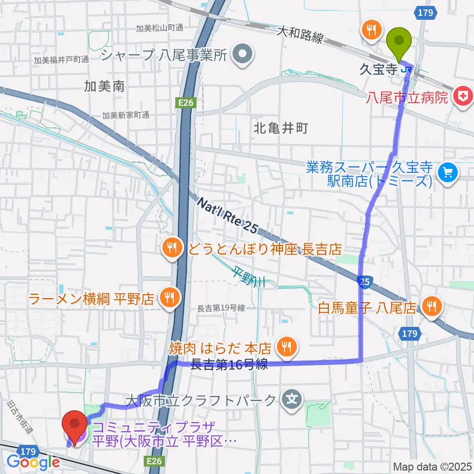 久宝寺駅からコミュニティプラザ平野へのルートマップ地図
