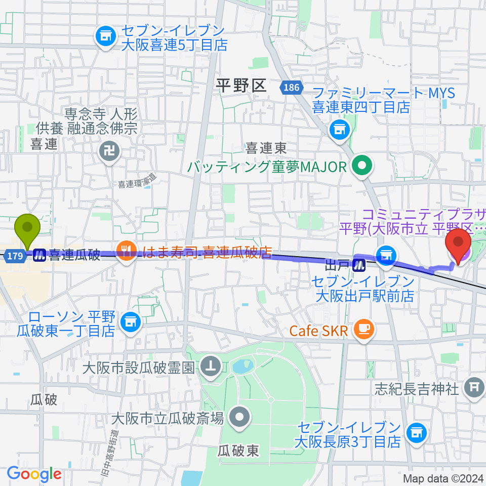 喜連瓜破駅からコミュニティプラザ平野（平野区民センター）へのルートマップ地図