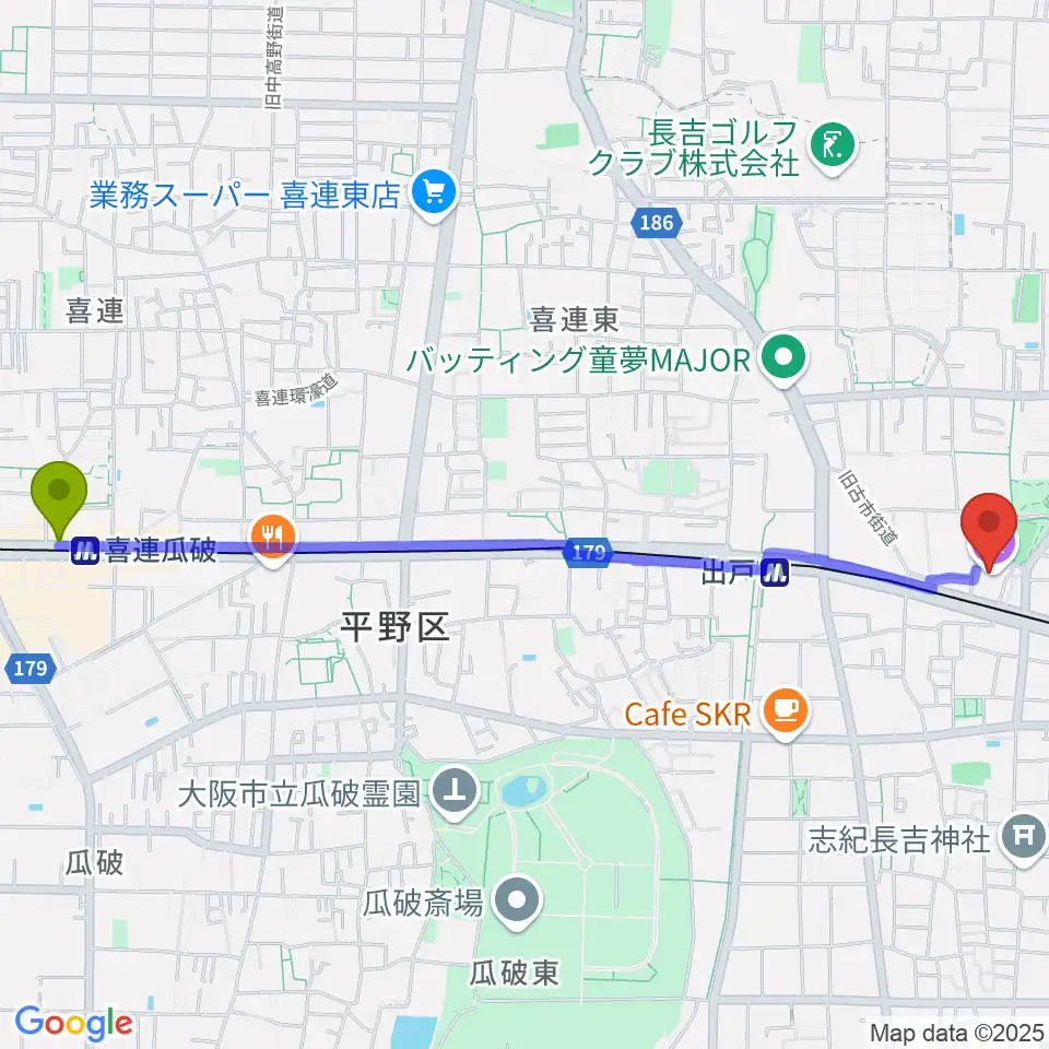 喜連瓜破駅からコミュニティプラザ平野へのルートマップ地図