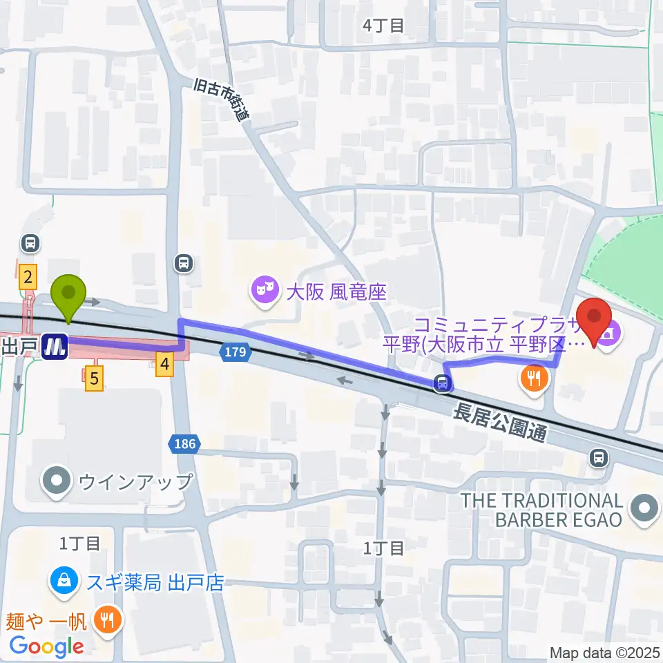 コミュニティプラザ平野の最寄駅出戸駅からの徒歩ルート（約6分）地図