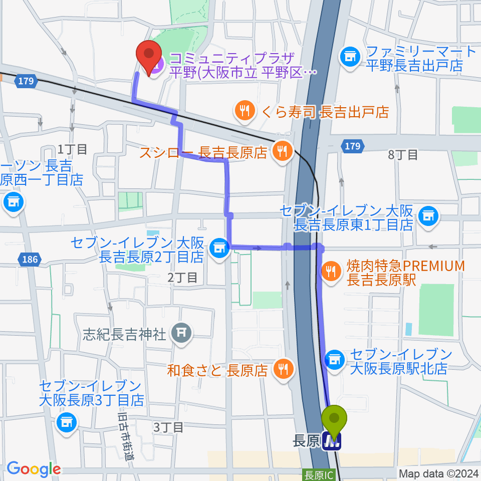 長原駅からコミュニティプラザ平野（平野区民センター）へのルートマップ地図