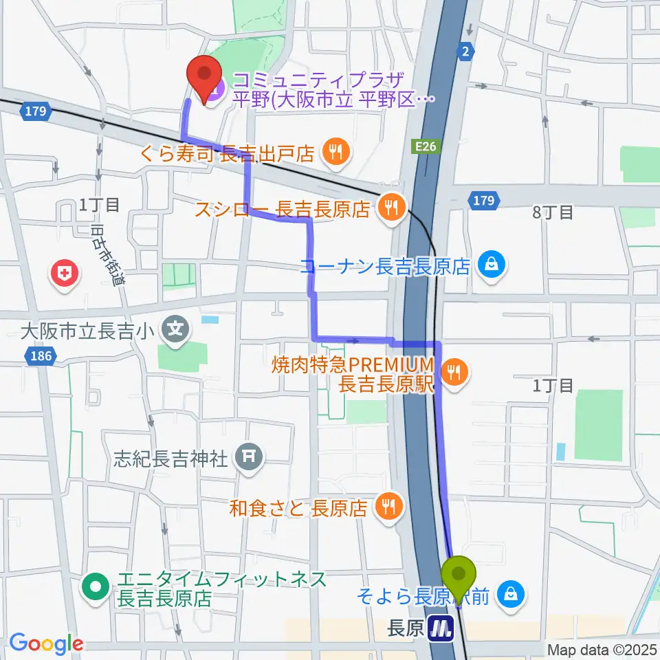 長原駅からコミュニティプラザ平野へのルートマップ地図