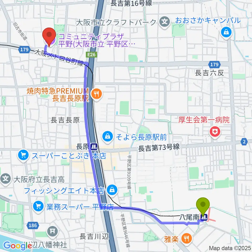 八尾南駅からコミュニティプラザ平野へのルートマップ地図