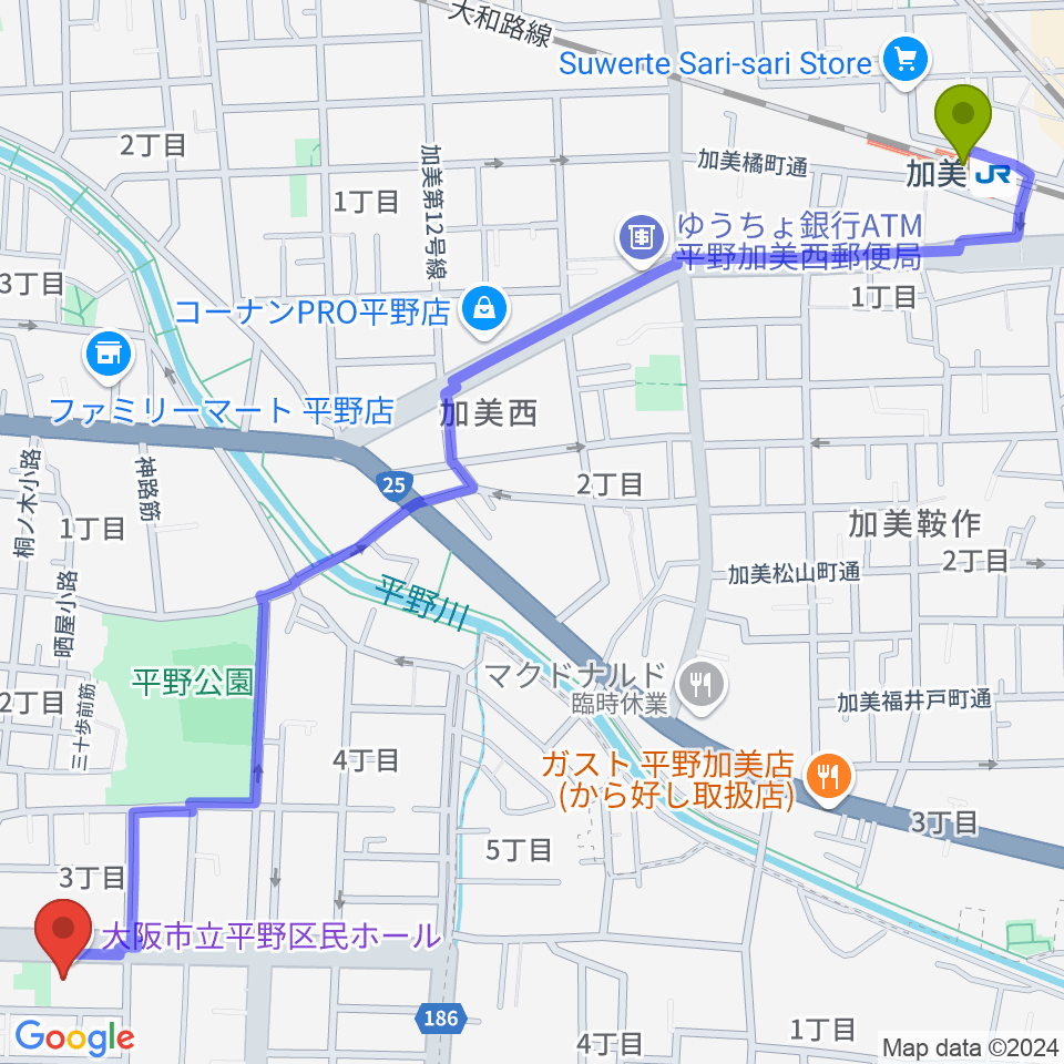 加美駅から平野区民ホールへのルートマップ地図