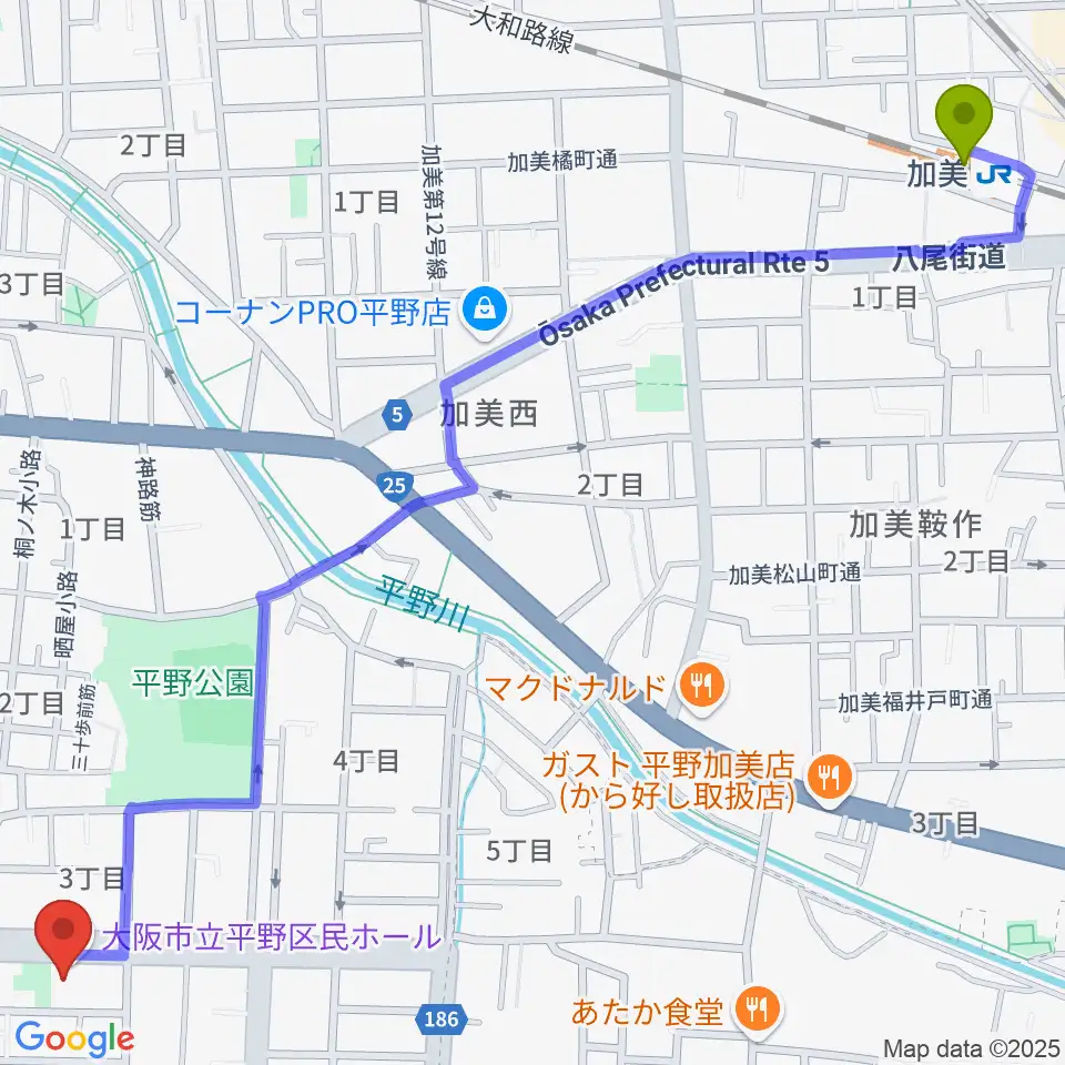 加美駅から大阪市立平野区民ホールへのルートマップ地図