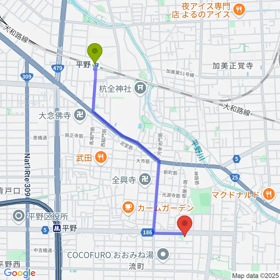 平野駅から大阪市立平野区民ホールへのルートマップ地図
