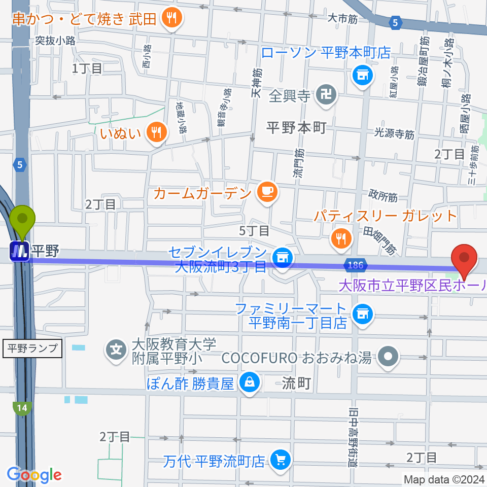 平野区民ホールの最寄駅平野駅からの徒歩ルート（約14分）地図