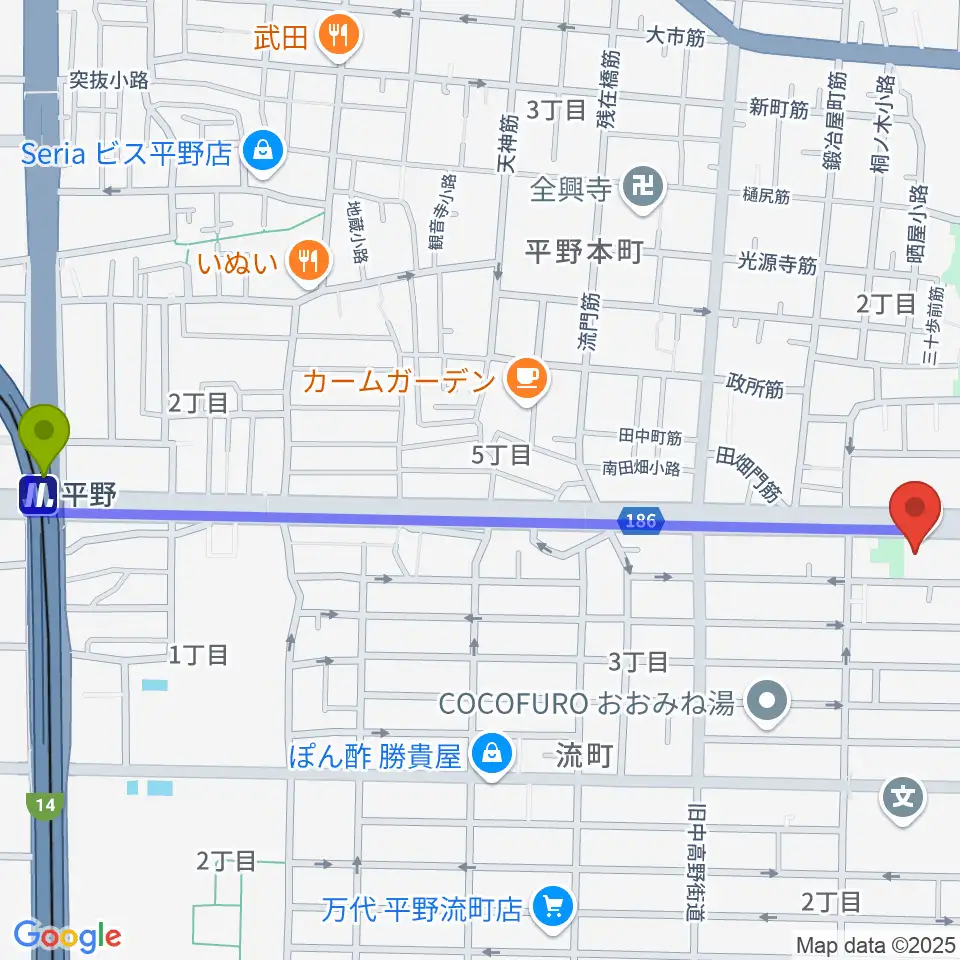 大阪市立平野区民ホールの最寄駅平野駅からの徒歩ルート（約14分）地図