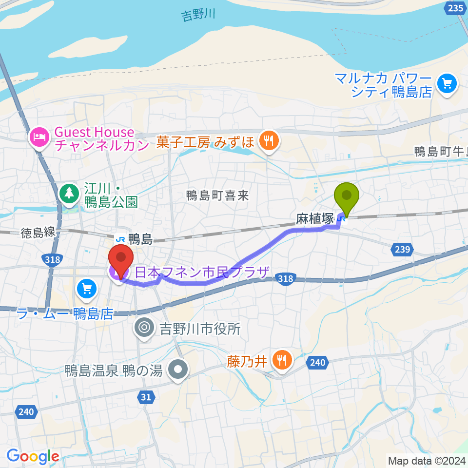 麻植塚駅から日本フネン市民プラザへのルートマップ地図