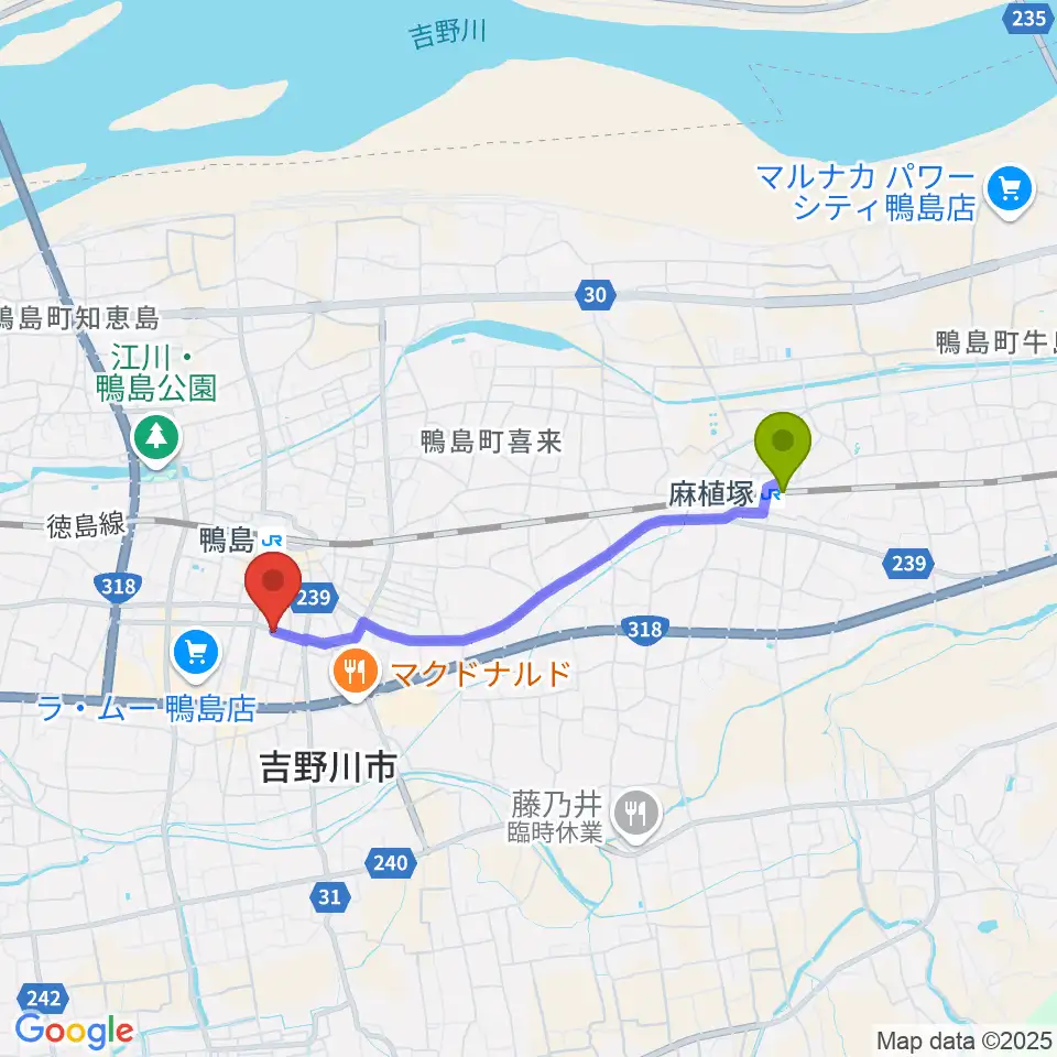 麻植塚駅から日本フネン市民プラザへのルートマップ地図