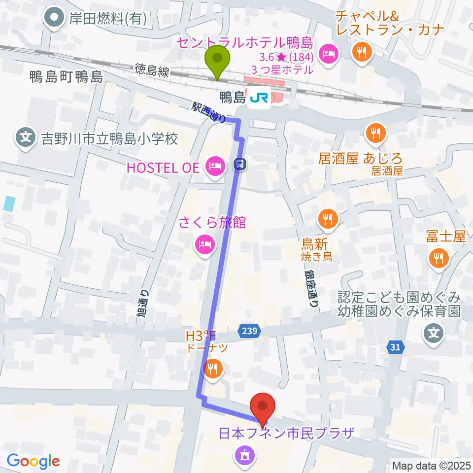 日本フネン市民プラザの最寄駅鴨島駅からの徒歩ルート（約6分） MDATA