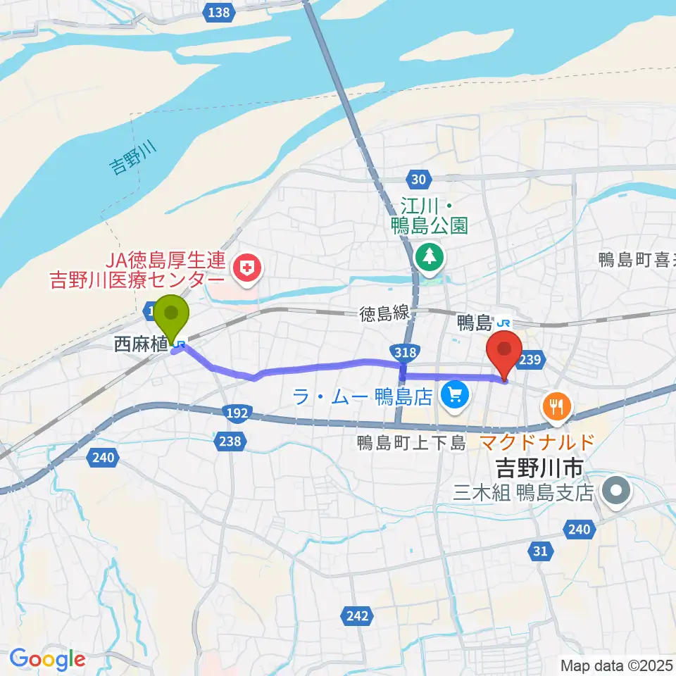 西麻植駅から日本フネン市民プラザへのルートマップ地図