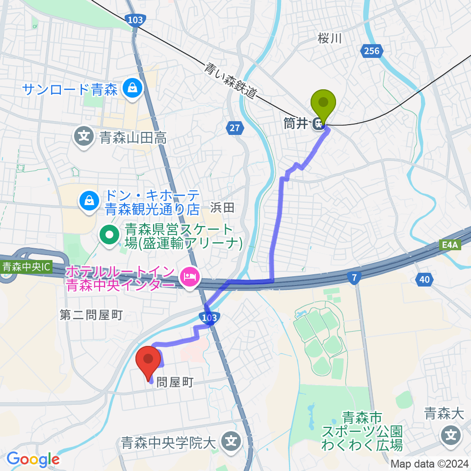 青森市はまなす会館の最寄駅筒井駅からの徒歩ルート（約38分）地図