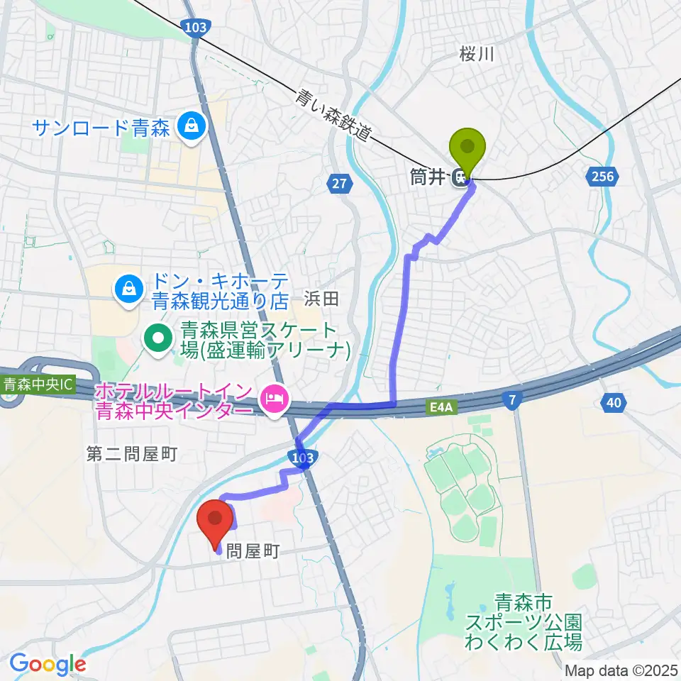 青森市はまなす会館の最寄駅筒井駅からの徒歩ルート（約38分）地図