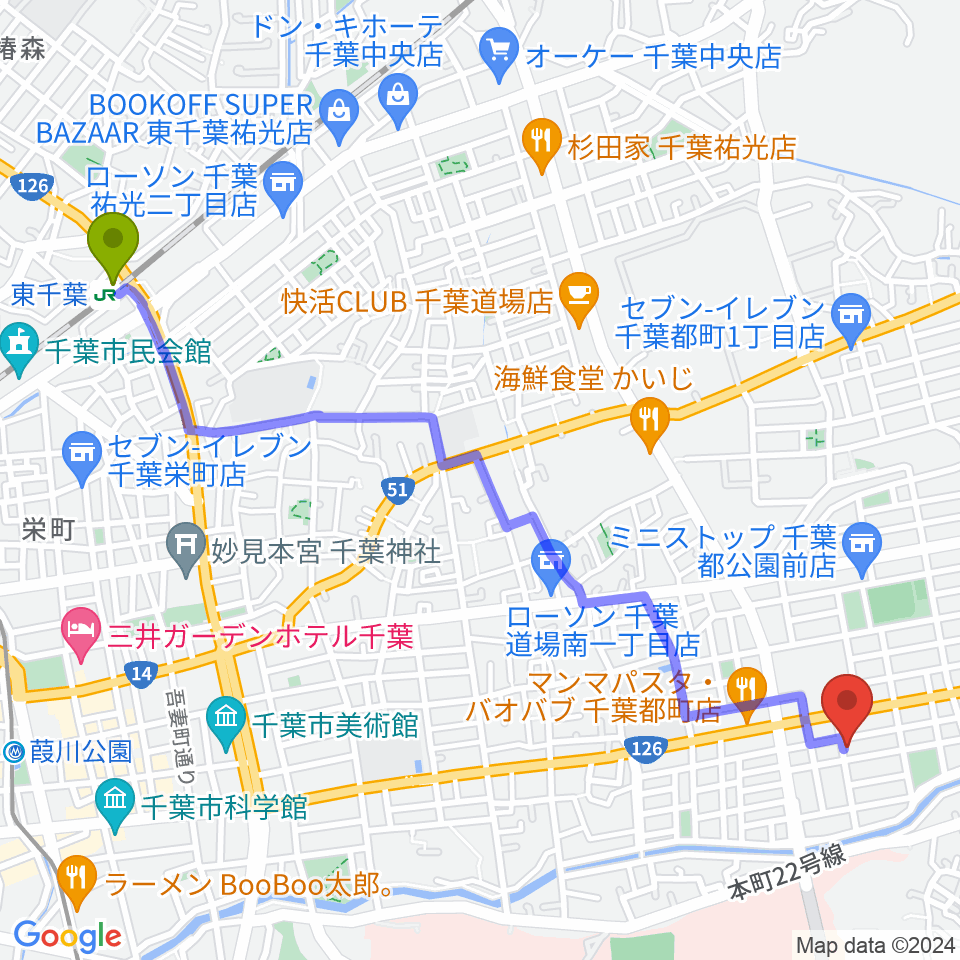 東千葉駅から千葉2AWスクエアへのルートマップ地図