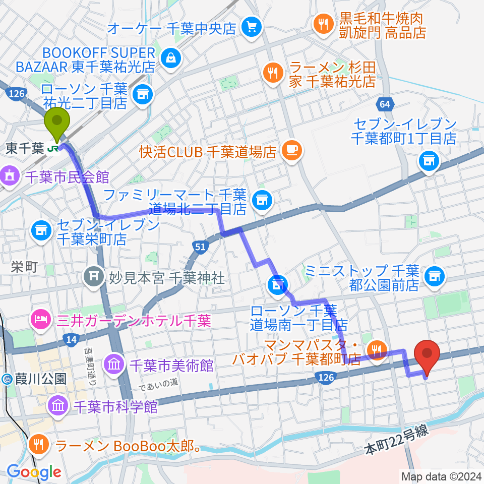 東千葉駅から千葉2AWスクエアへのルートマップ地図