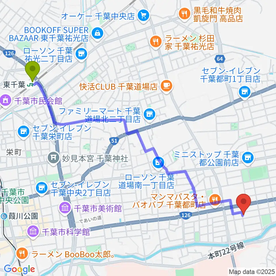 東千葉駅から千葉2AWスクエアへのルートマップ地図