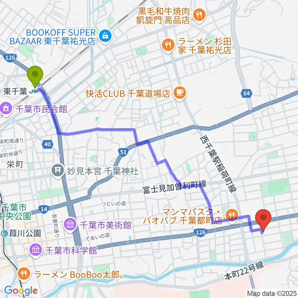 東千葉駅から2AWスクエアへのルートマップ地図