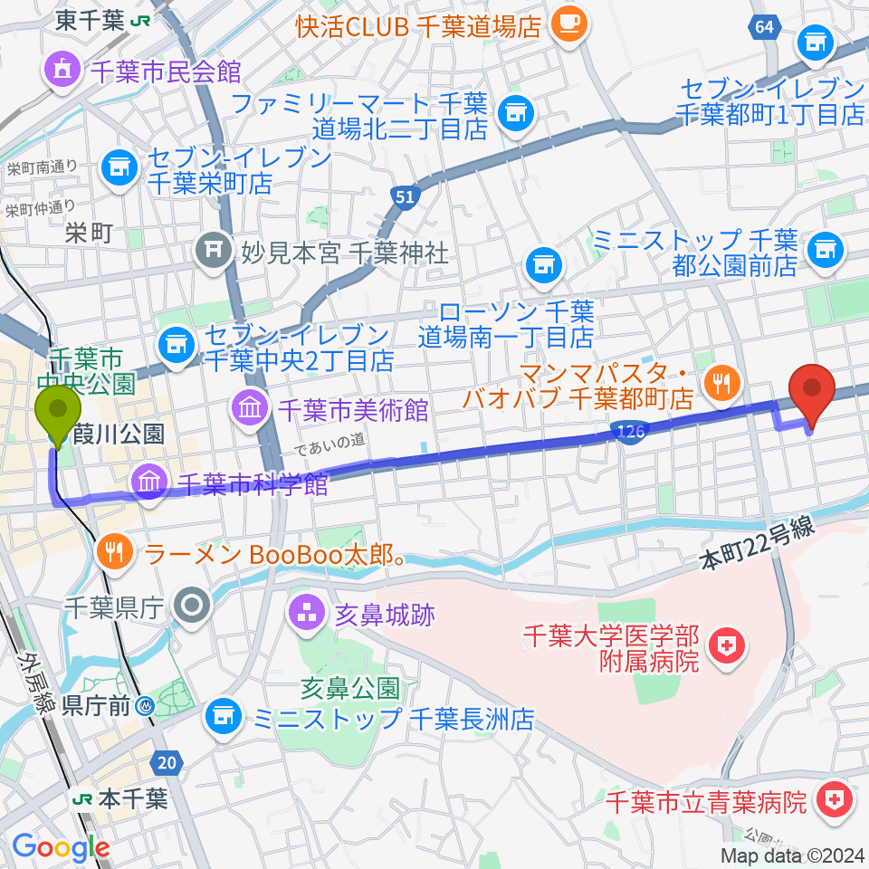 葭川公園駅から千葉2AWスクエアへのルートマップ地図