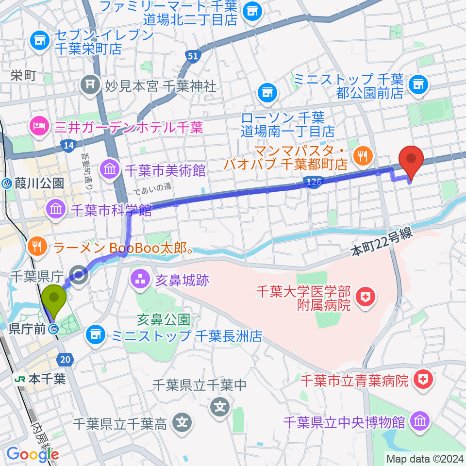 千葉2AWスクエアの最寄駅県庁前駅からの徒歩ルート（約26分）地図