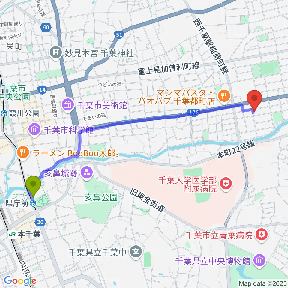 2AWスクエアの最寄駅県庁前駅からの徒歩ルート（約26分）地図