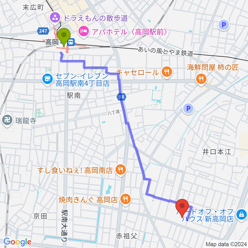 高岡エクールの最寄駅高岡駅からの徒歩ルート（約26分）地図