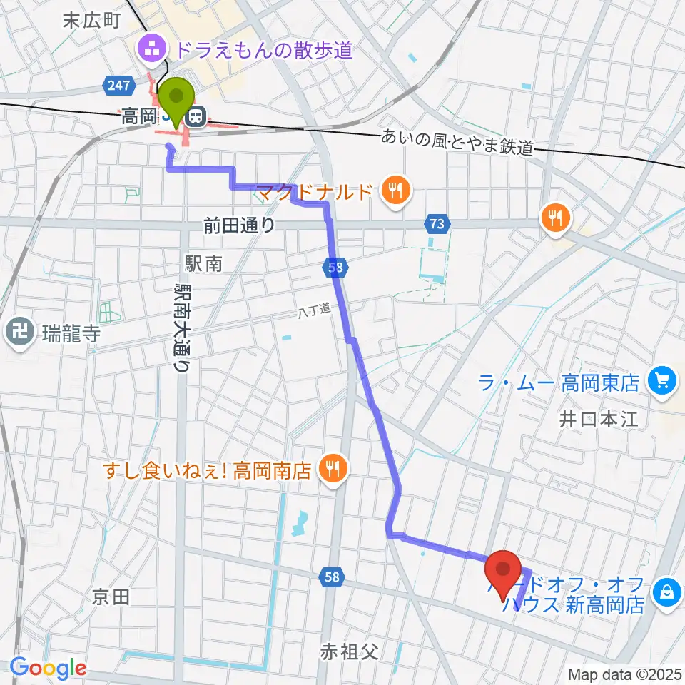 高岡エクールの最寄駅高岡駅からの徒歩ルート（約26分）地図