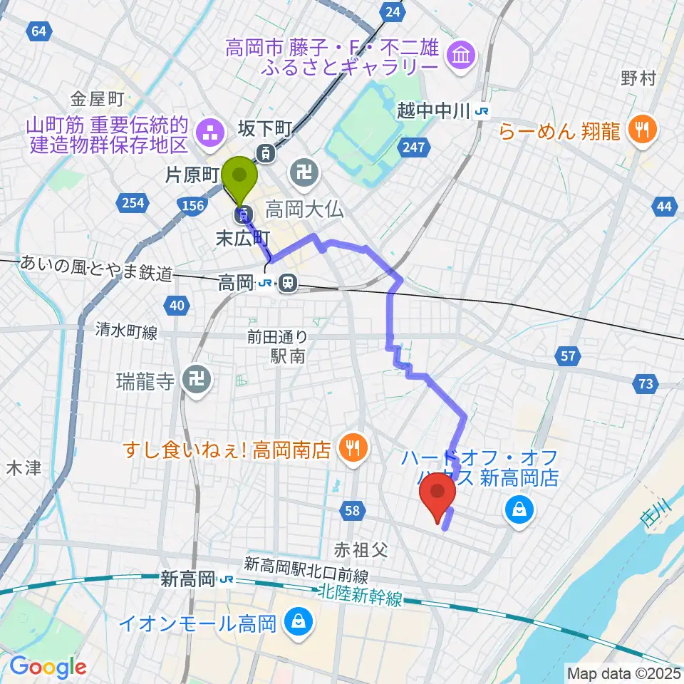 末広町駅から高岡エクールへのルートマップ地図