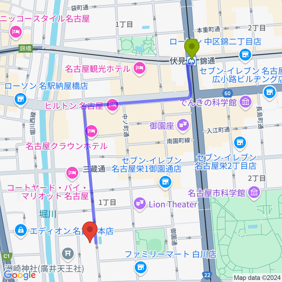 伏見駅から名古屋市中スポーツセンターへのルートマップ地図