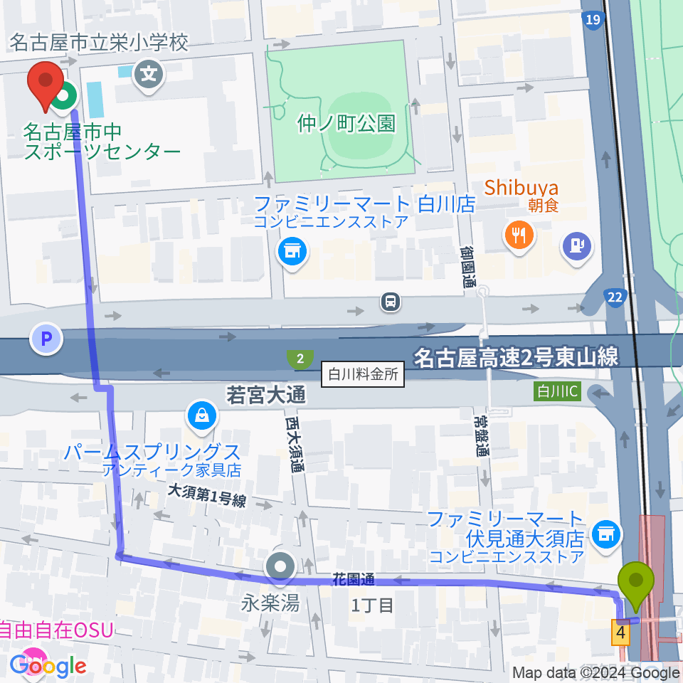 名古屋市中スポーツセンターの最寄駅大須観音駅からの徒歩ルート（約9分）地図