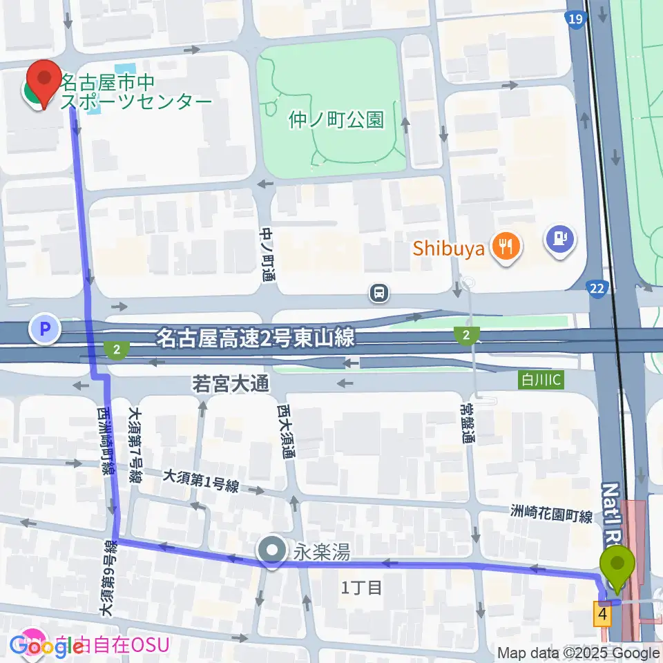 名古屋市中スポーツセンターの最寄駅大須観音駅からの徒歩ルート（約9分）地図