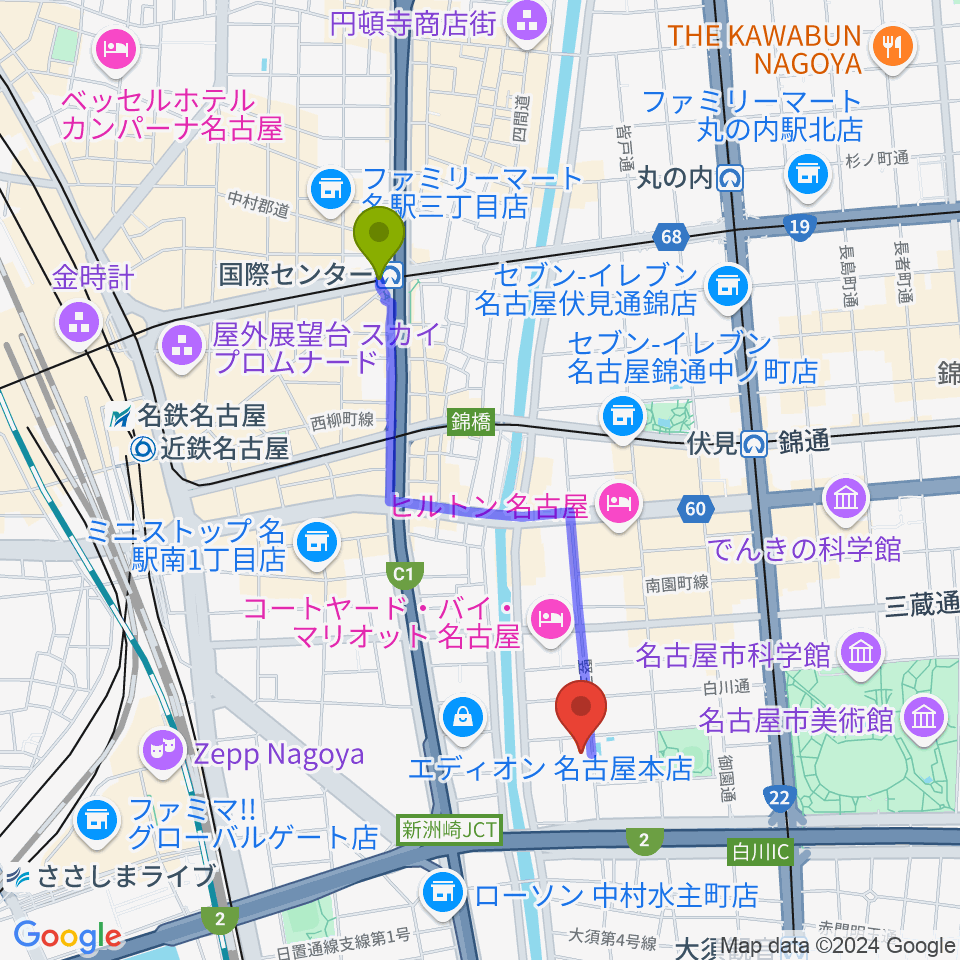 国際センター駅から名古屋市中スポーツセンターへのルートマップ地図