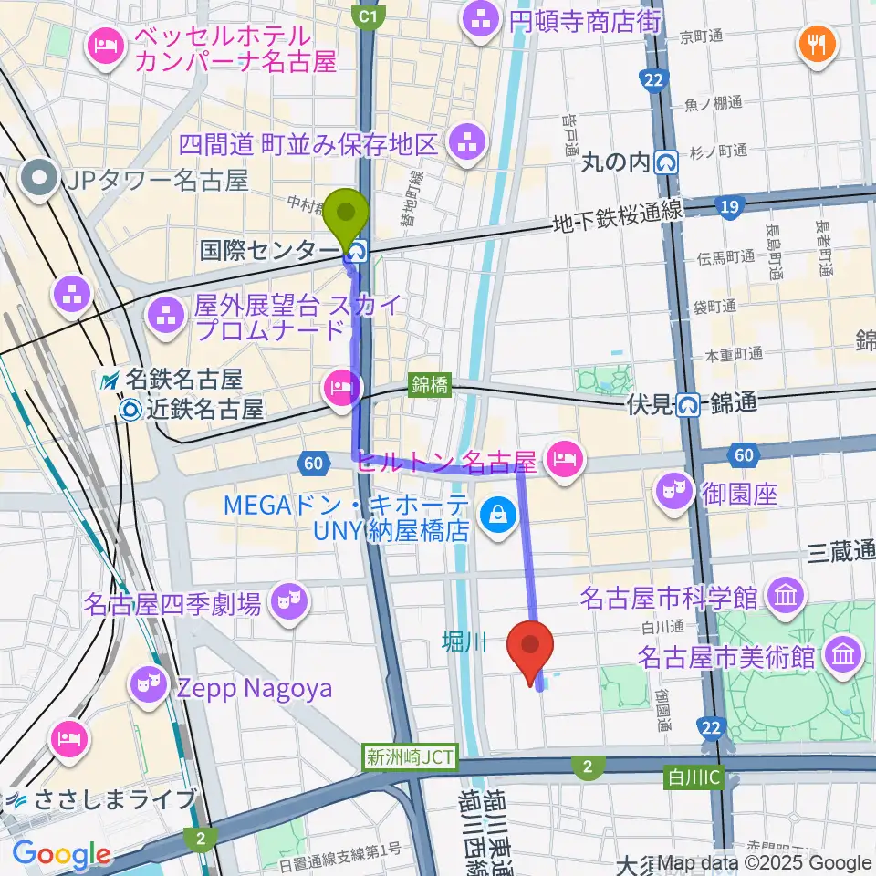 国際センター駅から名古屋市中スポーツセンターへのルートマップ地図