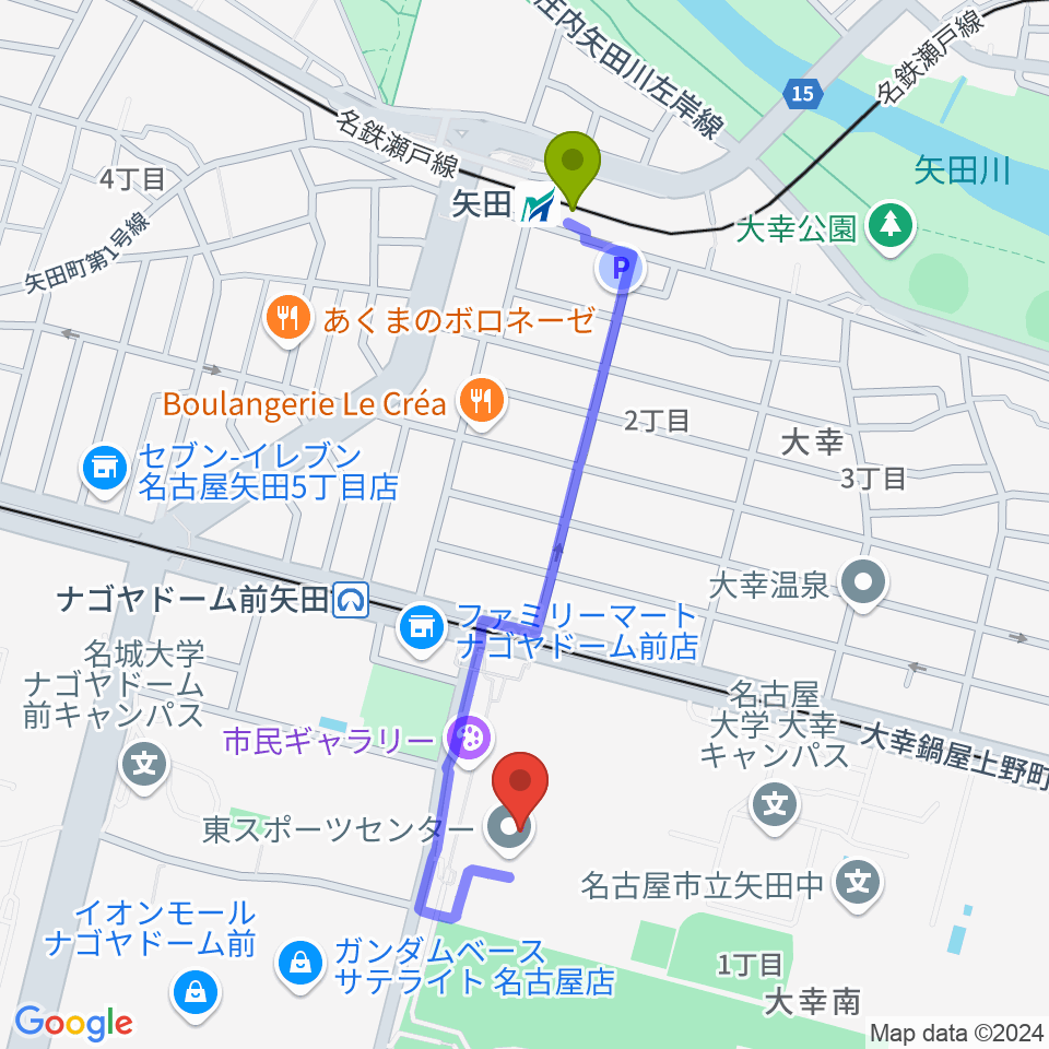 矢田駅から名古屋市東スポーツセンターへのルートマップ地図