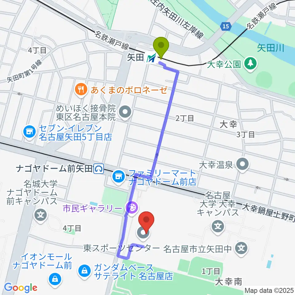 矢田駅から名古屋市東スポーツセンターへのルートマップ地図