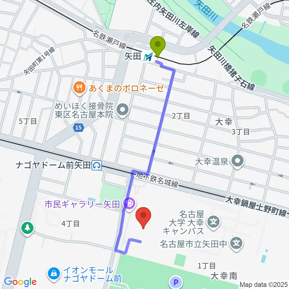 矢田駅から名古屋市東スポーツセンターへのルートマップ地図