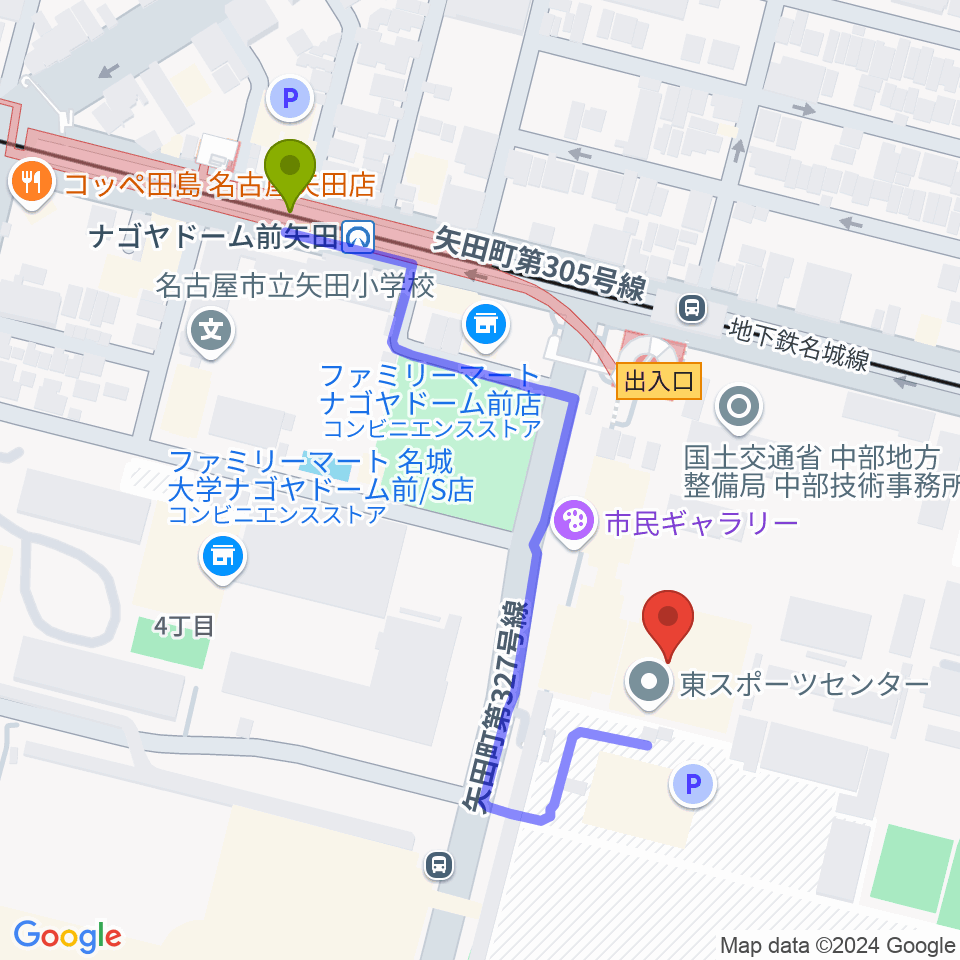 名古屋市東スポーツセンターの最寄駅ナゴヤドーム前矢田駅からの徒歩ルート（約5分）地図