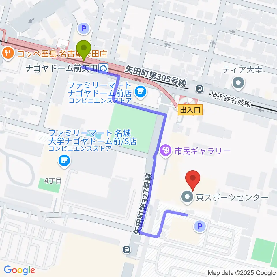 名古屋市東スポーツセンターの最寄駅ナゴヤドーム前矢田駅からの徒歩ルート（約5分）地図