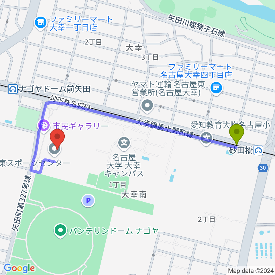 砂田橋駅から名古屋市東スポーツセンターへのルートマップ地図