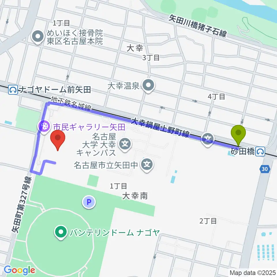 砂田橋駅から名古屋市東スポーツセンターへのルートマップ地図