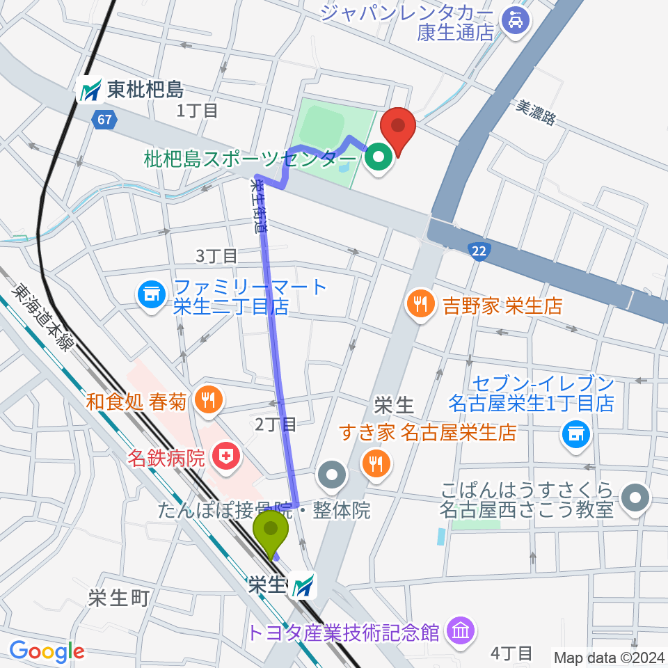 栄生駅から枇杷島スポーツセンターへのルートマップ地図