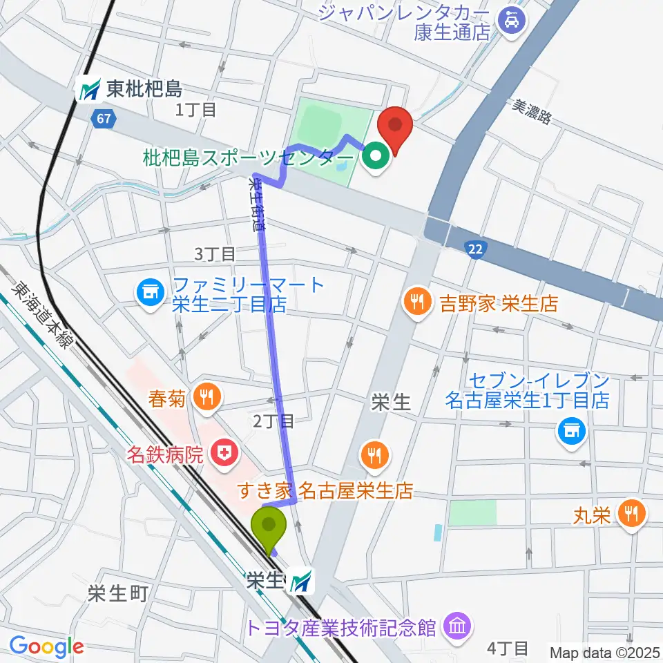 栄生駅から枇杷島スポーツセンターへのルートマップ地図