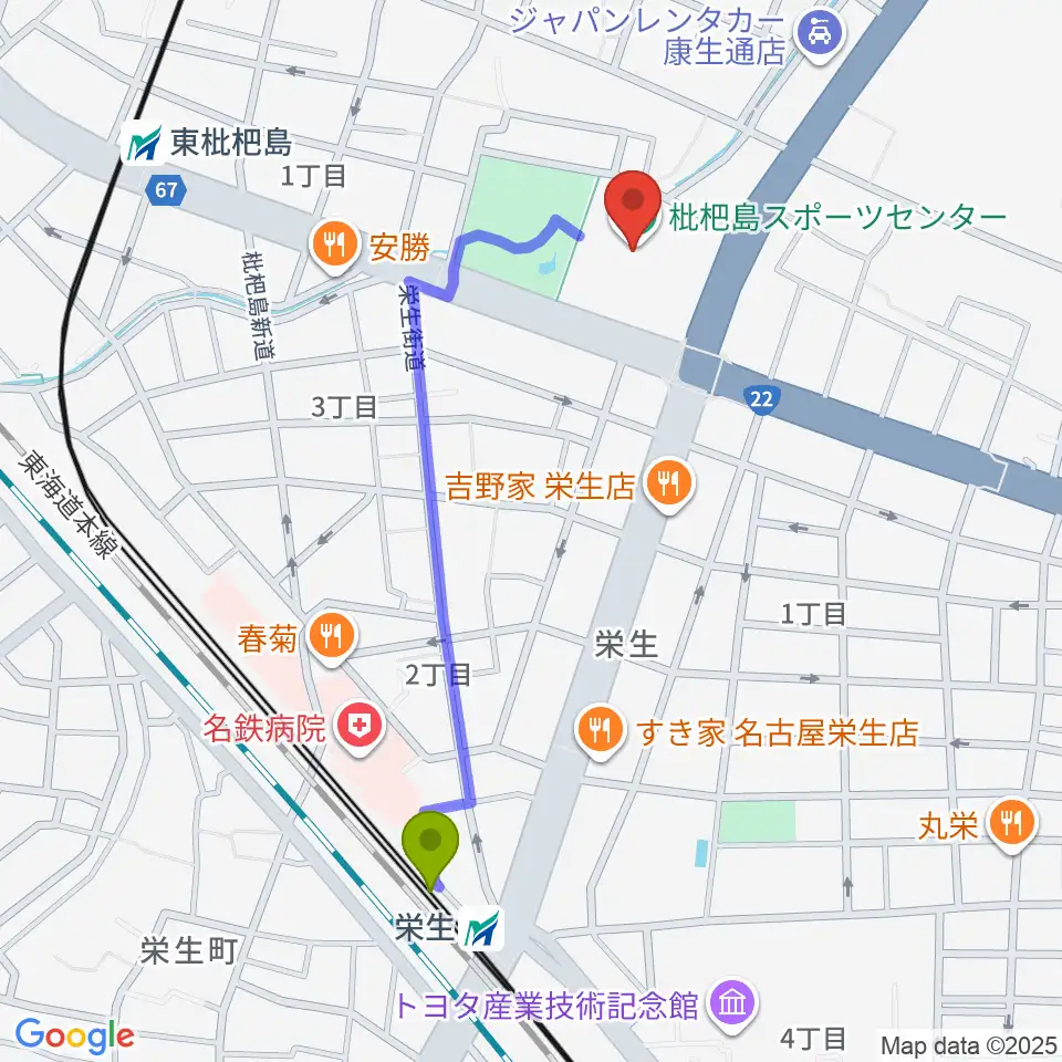 栄生駅から枇杷島スポーツセンターへのルートマップ地図