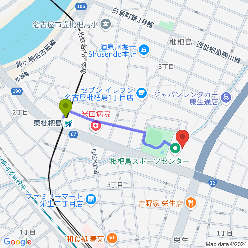 枇杷島スポーツセンターの最寄駅東枇杷島駅からの徒歩ルート（約8分）地図